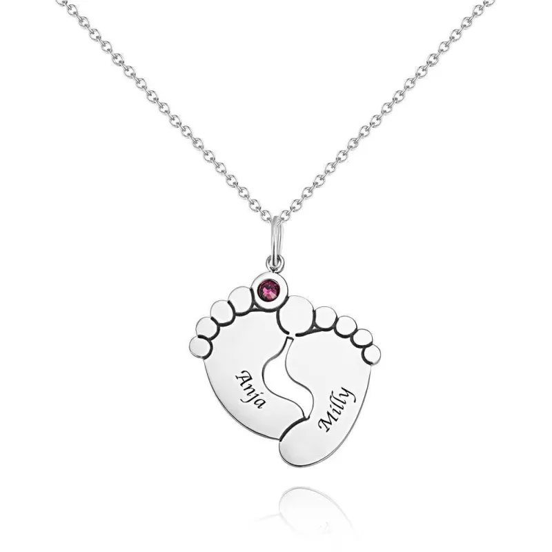 Custom Birthstone Necklace with Engraving, Cute Feet Name Necklace Silver