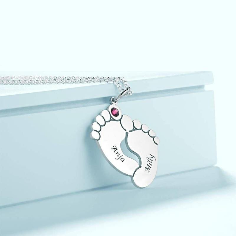 Custom Birthstone Necklace with Engraving, Cute Feet Name Necklace Silver 2