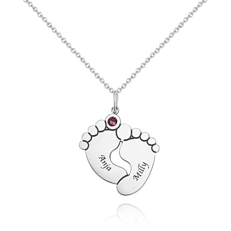 Custom Birthstone Necklace with Engraving, Cute Feet Name Necklace Silver 5