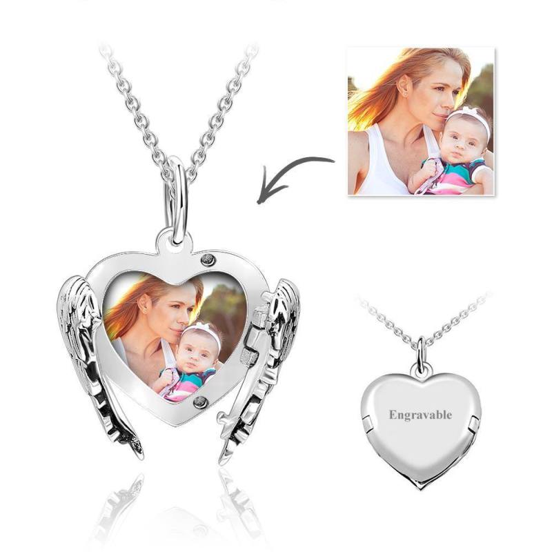 Custom Engravable Photo Locket Necklace Heart Angel Wings Gifts for Mom