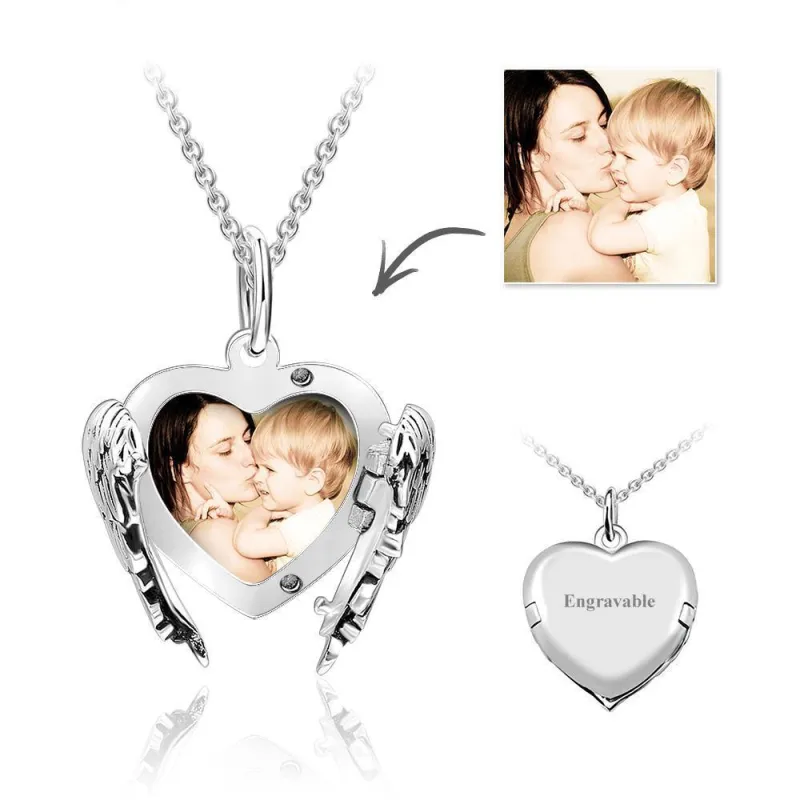 Custom Engravable Photo Locket Necklace Heart Angel Wings Gifts for Mom 1