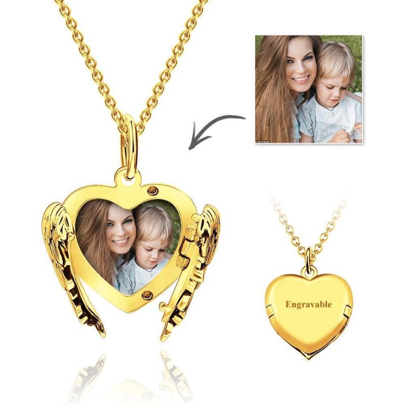 Custom Engravable Photo Locket Necklace Heart Angel Wings Gifts for Mom 2