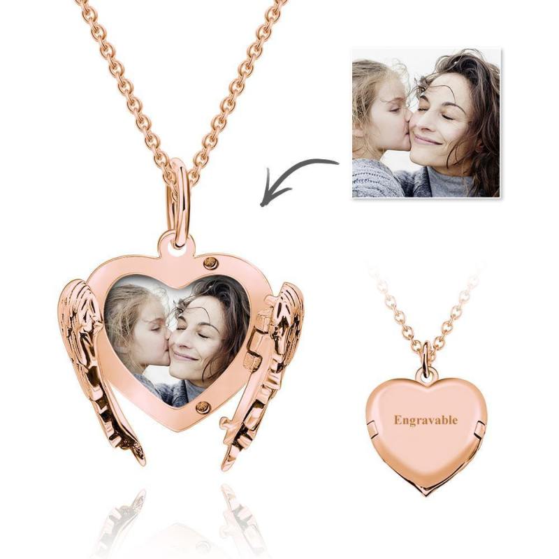 Custom Engravable Photo Locket Necklace Heart Angel Wings Gifts for Mom 3