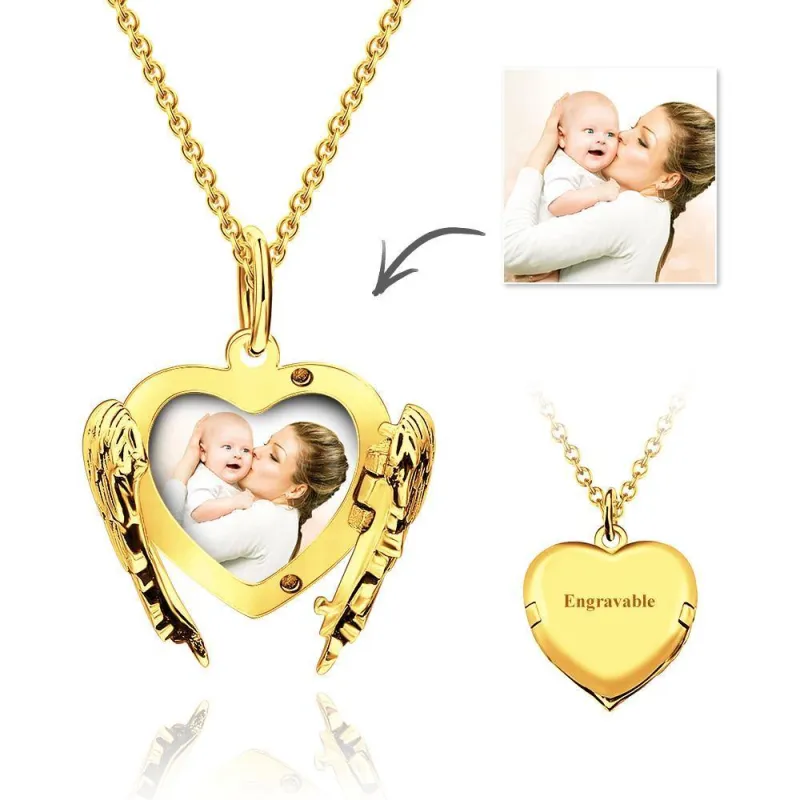 Custom Engravable Photo Locket Necklace Heart Angel Wings Gifts for Mom 4