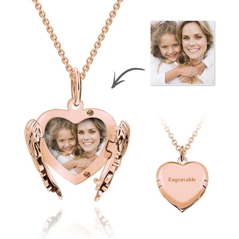 Custom Engravable Photo Locket Necklace Heart Angel Wings Gifts for Mom 5