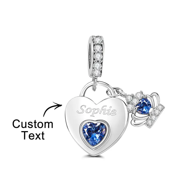 Custom Engraved Birthstone Charm Heart Crown Pendant Love Gift