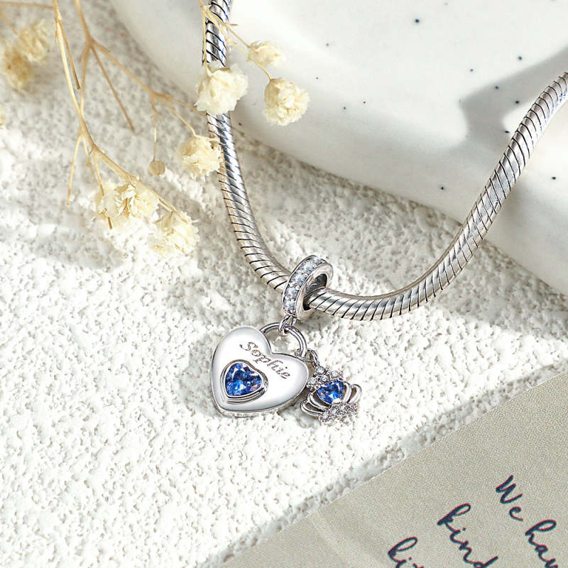 Custom Engraved Birthstone Charm Heart Crown Pendant Love Gift 2