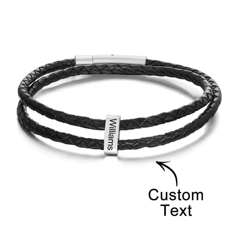 Custom Engraved Bracelet Beads Braided Leather Men's Gifts