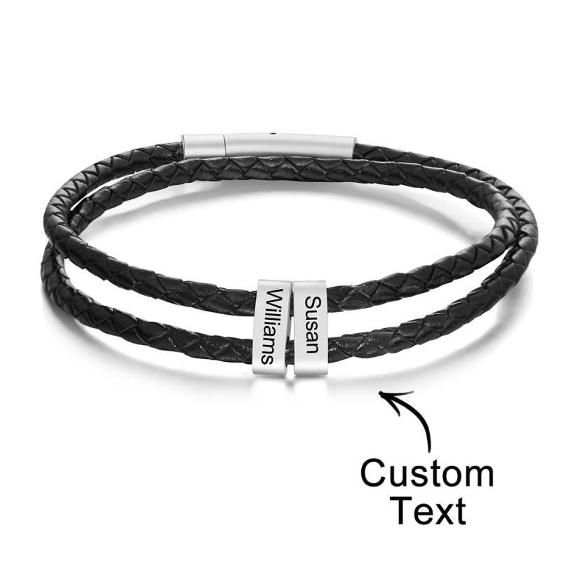 Custom Engraved Bracelet Beads Braided Leather Men's Gifts 4