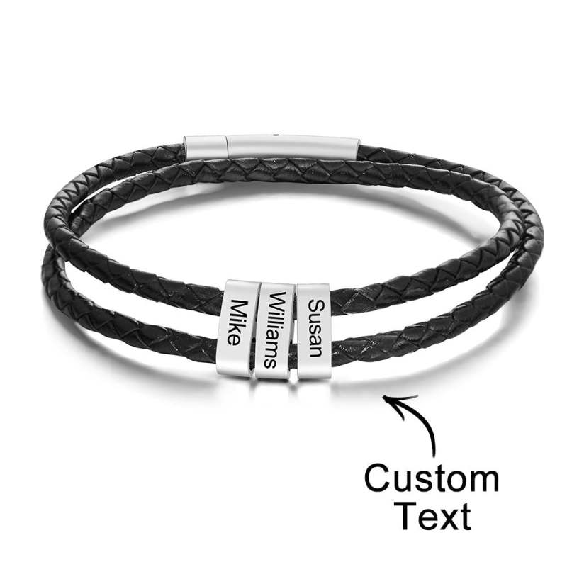 Custom Engraved Bracelet Beads Braided Leather Men's Gifts 5