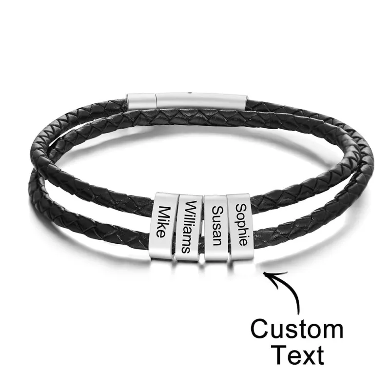 Custom Engraved Bracelet Beads Braided Leather Men's Gifts 6