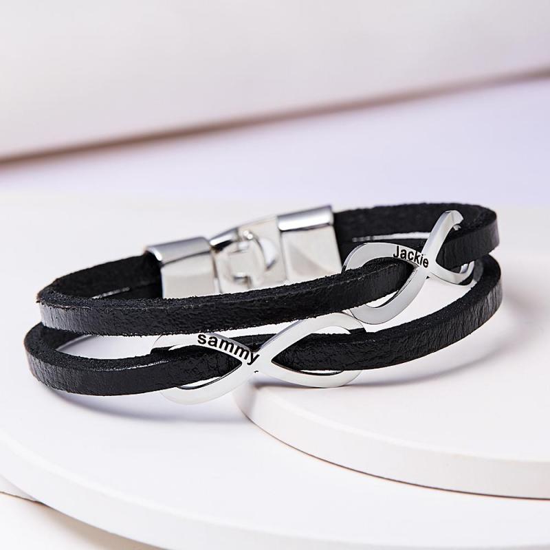 Custom Engraved Bracelet Infinity Symbol Leather Men's Gifts 2