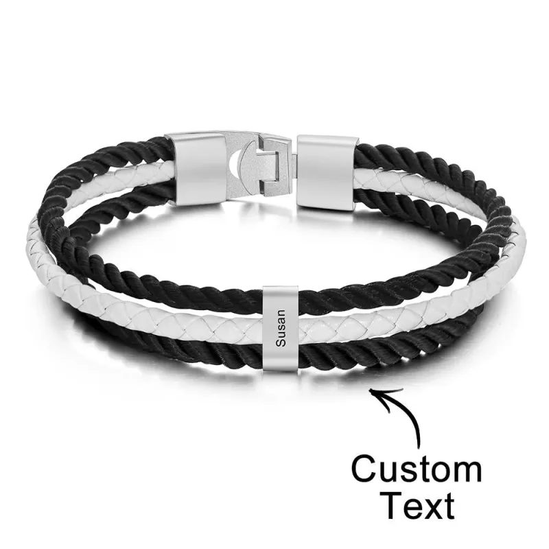 Custom Engraved Bracelet Mens Braided Layered Leather Gifts