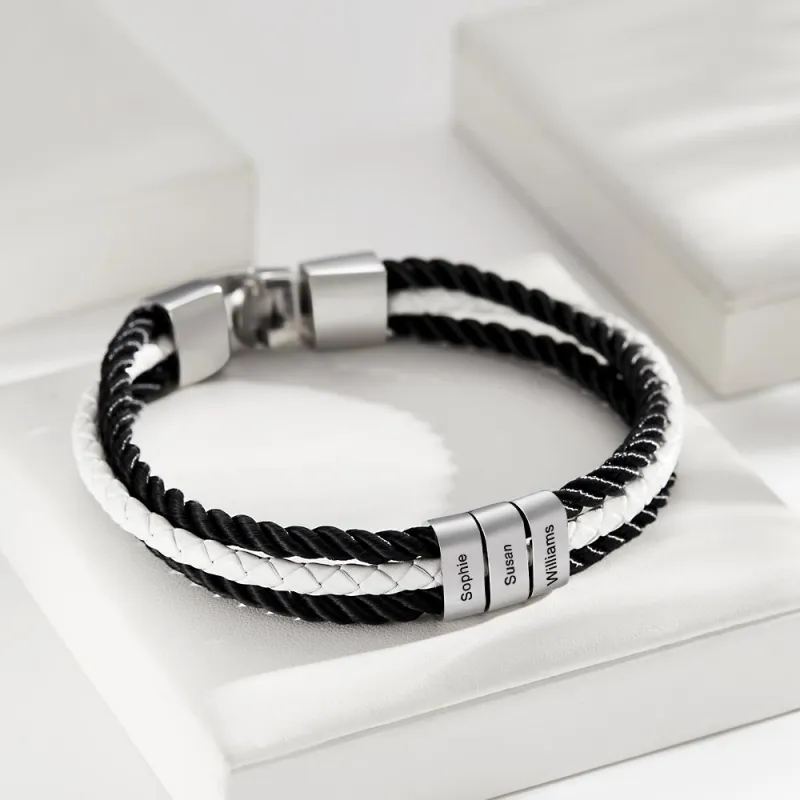 Custom Engraved Bracelet Mens Braided Layered Leather Gifts 1