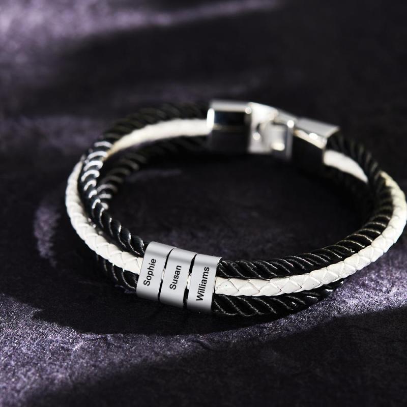 Custom Engraved Bracelet Mens Braided Layered Leather Gifts 2