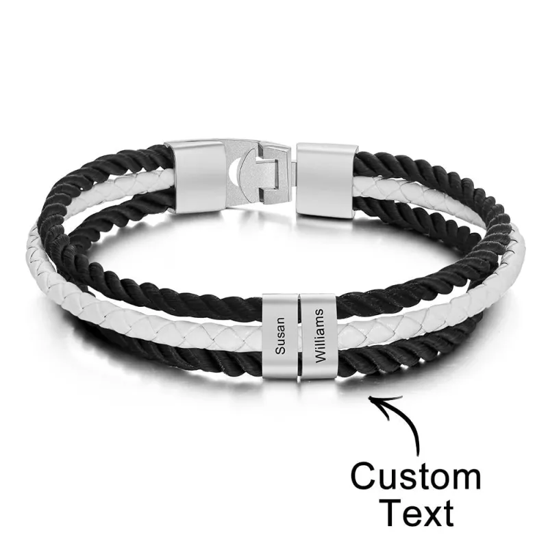 Custom Engraved Bracelet Mens Braided Layered Leather Gifts 4