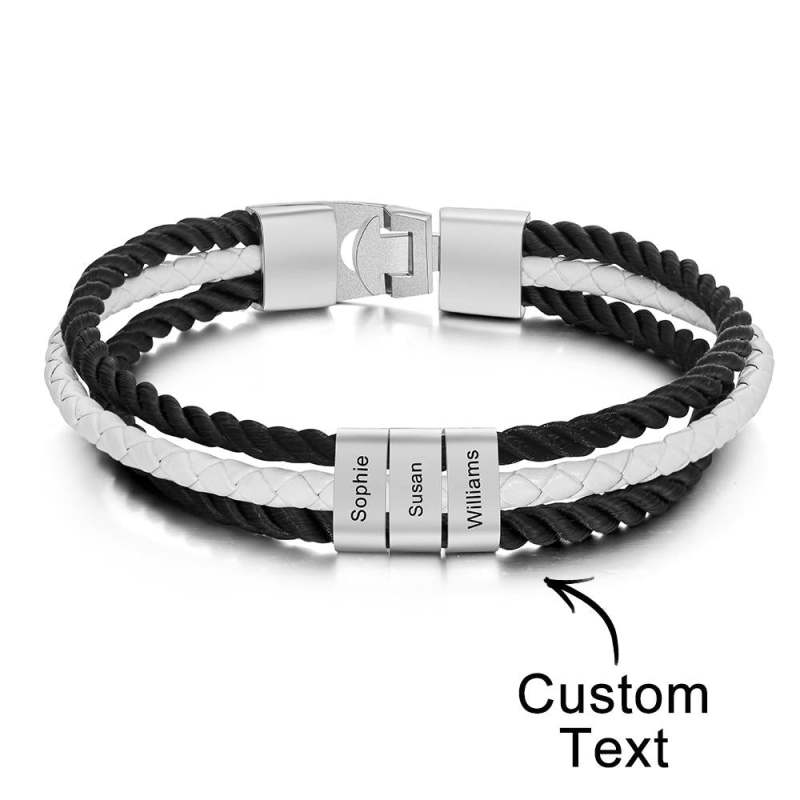 Custom Engraved Bracelet Mens Braided Layered Leather Gifts 5