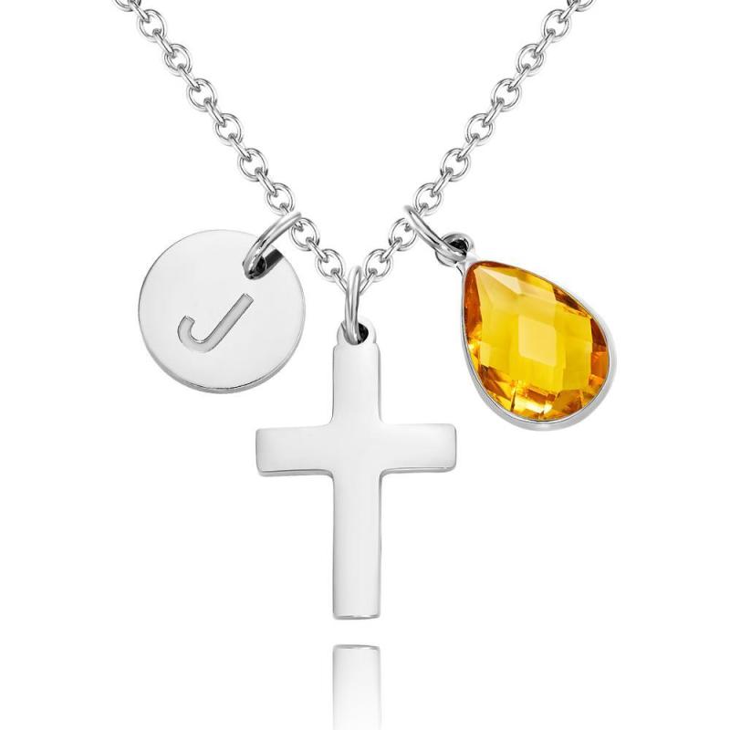 Custom Engraved Initial Cross Necklace Crucifix Pendant Initial and Birthstone Faith Necklace 2