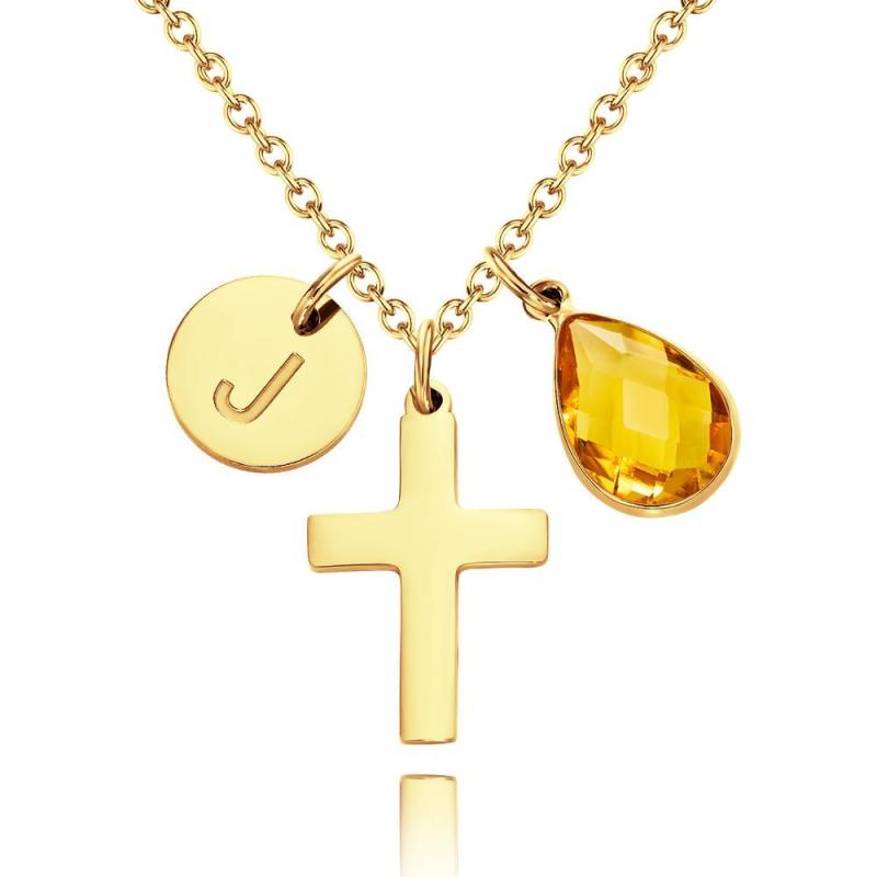 Custom Engraved Initial Cross Necklace Crucifix Pendant Initial and Birthstone Faith Necklace 1