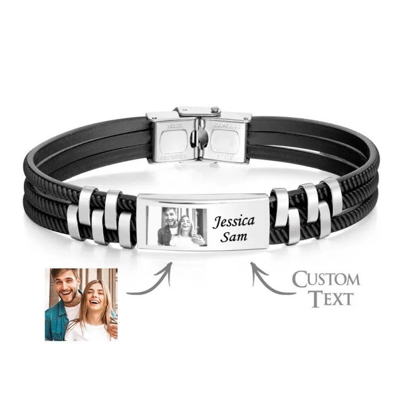 Custom Engraved Leather and Steel Men's Bracelet with Personalized Photo and Names Unique Gift for Him! 4