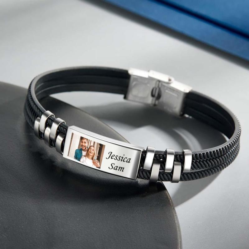 Custom Engraved Leather and Steel Men's Bracelet with Personalized Photo and Names Unique Gift for Him! 2