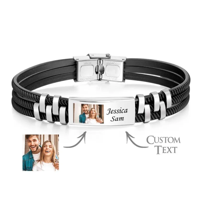 Custom Engraved Leather and Steel Men's Bracelet with Personalized Photo and Names Unique Gift for Him!