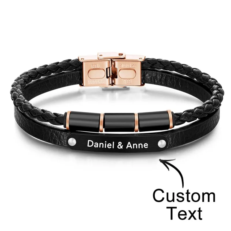 Custom Engraved Multy Layer Retro Style Men's Leather Bracelet