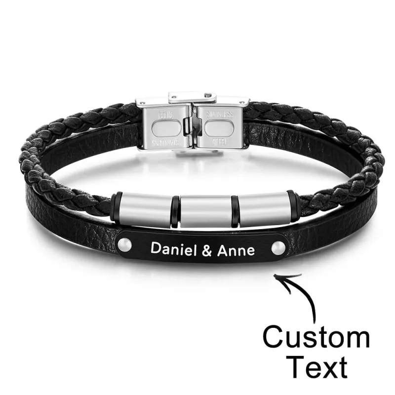 Custom Engraved Multy Layer Retro Style Men's Leather Bracelet 3