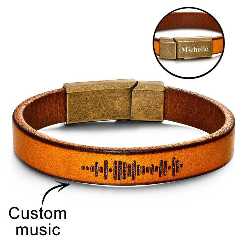 Custom Engraved Music Code Bracelet Personalized Song Leather Bracelet with Strong Magnetic Clasp