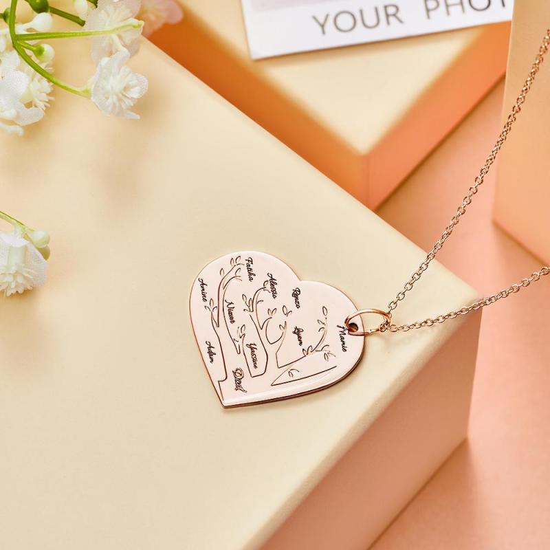 Custom Engraved Necklace Heart Shaped Family Tree Pendant 1