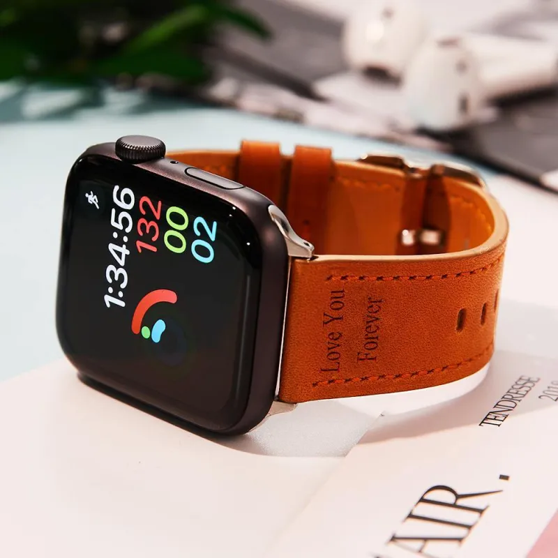 Custom Engraved Real Leather Apple Watch Band Multiple Colour Black 3