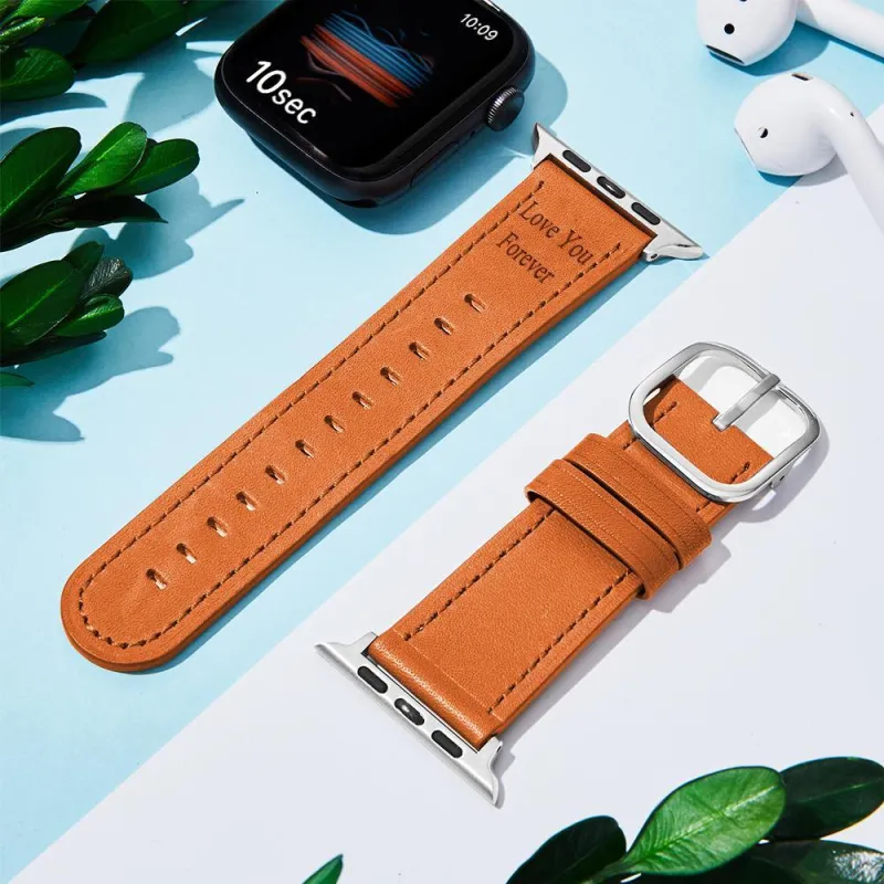 Custom Engraved Real Leather Apple Watch Band Multiple Colour-Brown 2