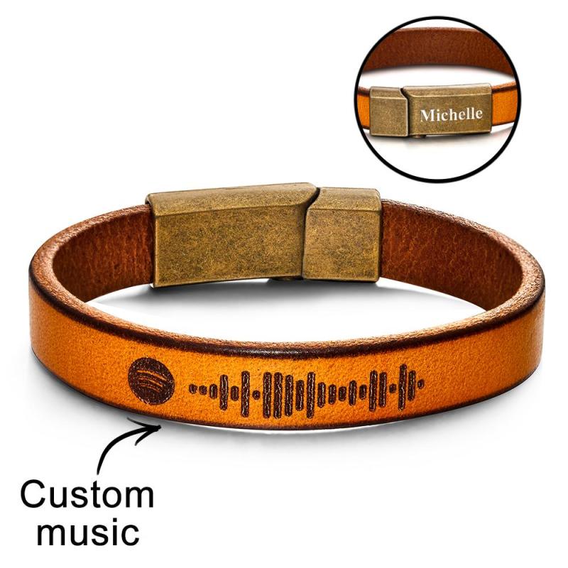 Custom Engraved Spotify Code Bracelet Personalized Song Leather Bracelet with Strong Magnetic Clasp