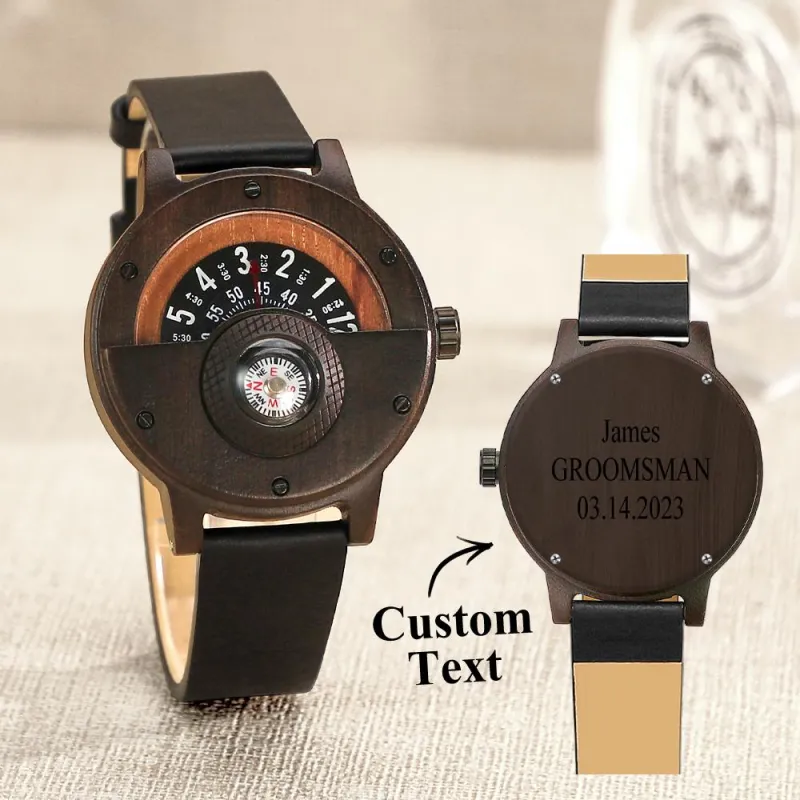 Custom Engraved Watch Handmade Compass Wood Watch for Men 1