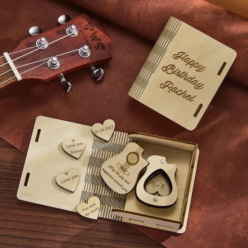 Custom Heart Guitar Picks with Guitar Shaped Box Personalized Wooden Box  Valentine's Day Gifts