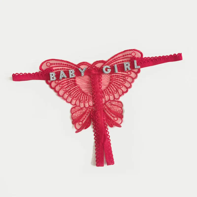 Custom Lace Hollow Butterfly Sexy Low Waist Panty with jewelry Crystal Letter Name Open Cut Thong Underpants Women's Underwear 3