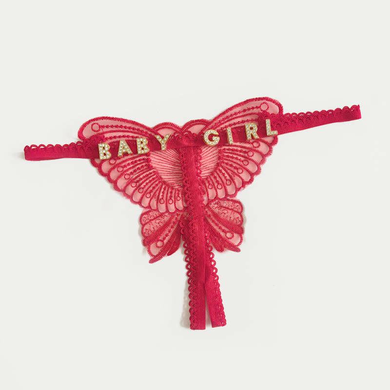 Custom Lace Hollow Butterfly Sexy Low Waist Panty with jewelry Crystal Letter Name Open Cut Thong Underpants Women's Underwear 1