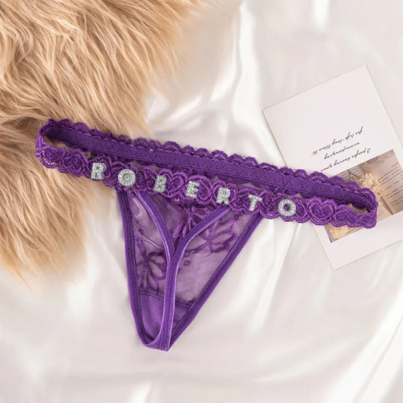 Custom Lace Thongs with Jewelry Crystal Letter Name Gift for Her 5