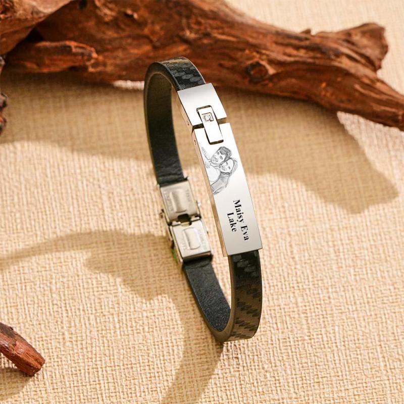 Custom Leather Bracelet Personalized Name and Photo Stainless Steel Bracelet Father's Day Gift 3