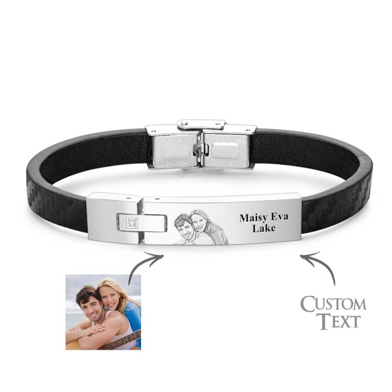 Custom Leather Bracelet Personalized Name and Photo Stainless Steel Bracelet Father's Day Gift