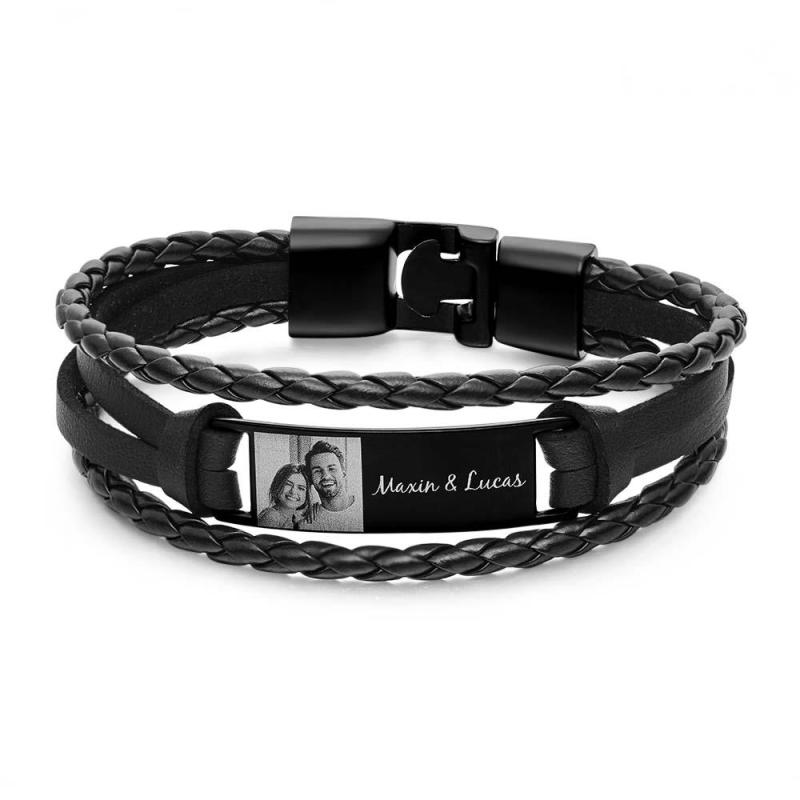 Custom Men's Bracelets Photo Leather Engraved Bracelet Best Gifts for Him