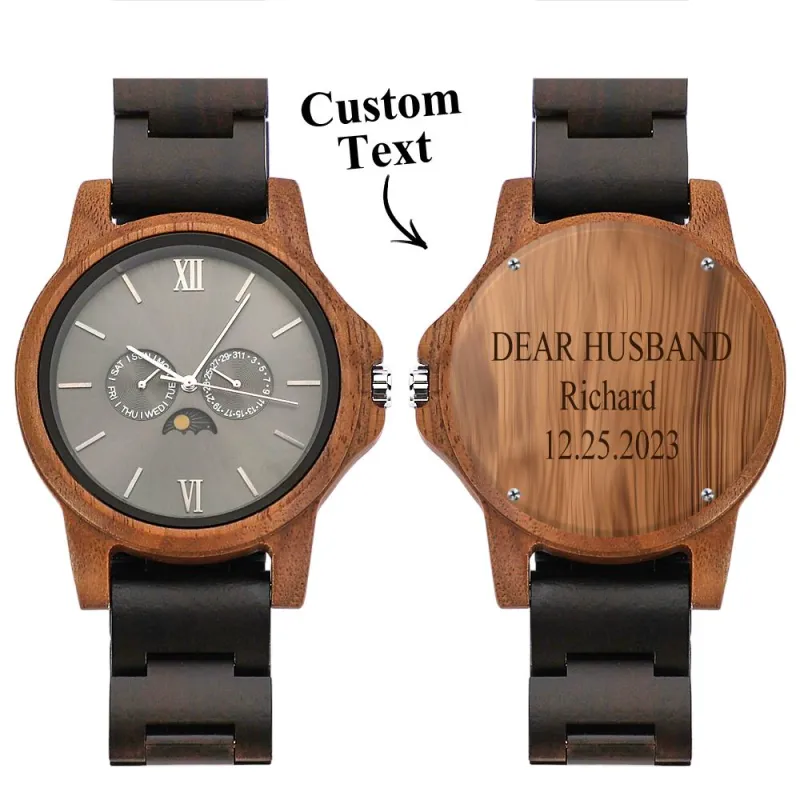 Custom Mens Engraved Wood Watch Personalized Watch for Husband Anniversary Gift