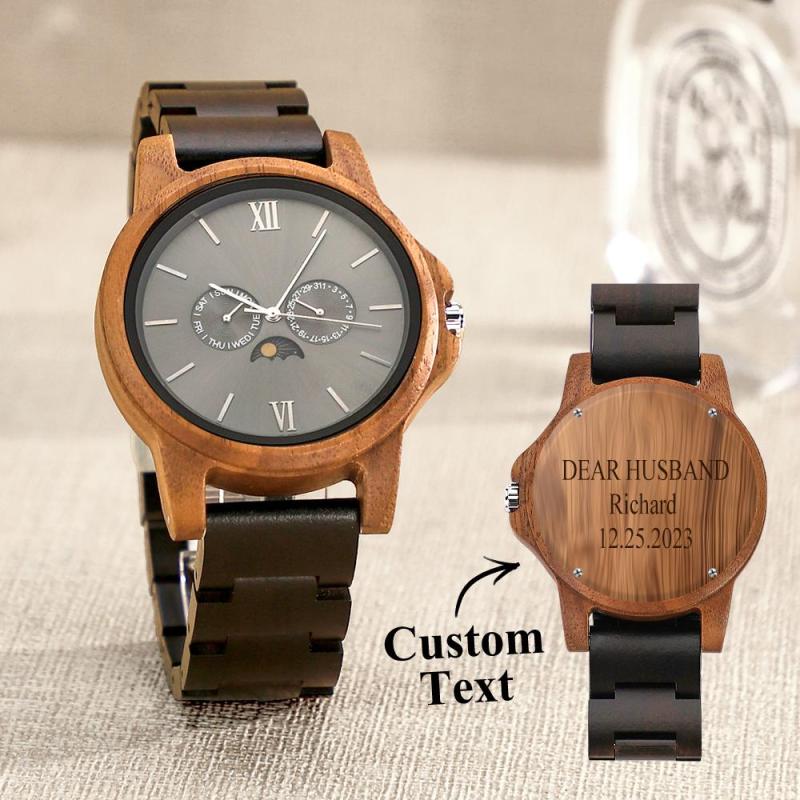 Custom Mens Engraved Wood Watch Personalized Watch for Husband Anniversary Gift 1