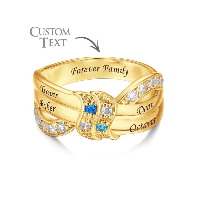 Custom Name and Text Birthstone Ring 18k Gold Plated Personalized Family Ring Gift For Her