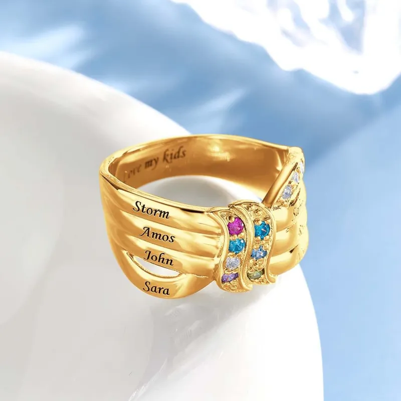 Custom Name and Text Birthstone Ring 18k Gold Plated Personalized Family Ring Gift For Her 4