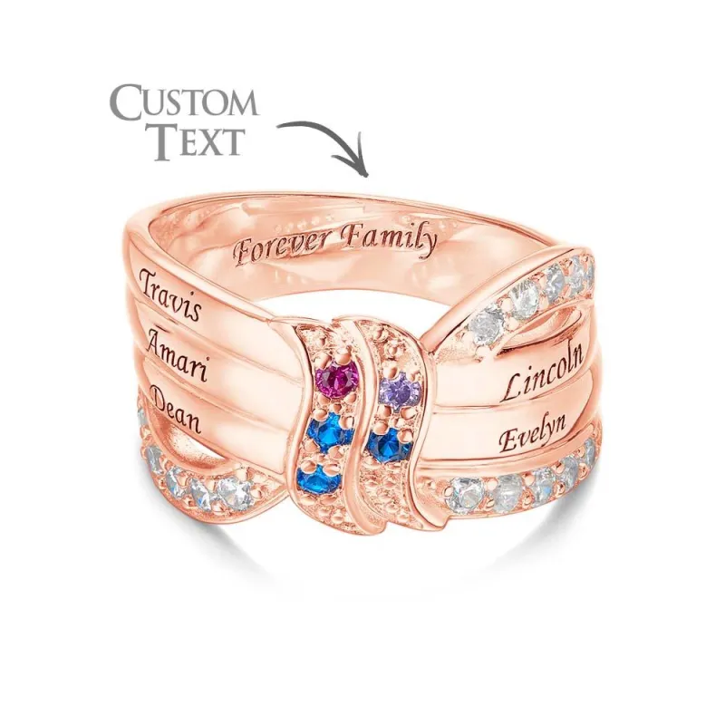 Custom Name and Text Birthstone Ring Rose Gold Plated Personalized Family Ring Gift For Her