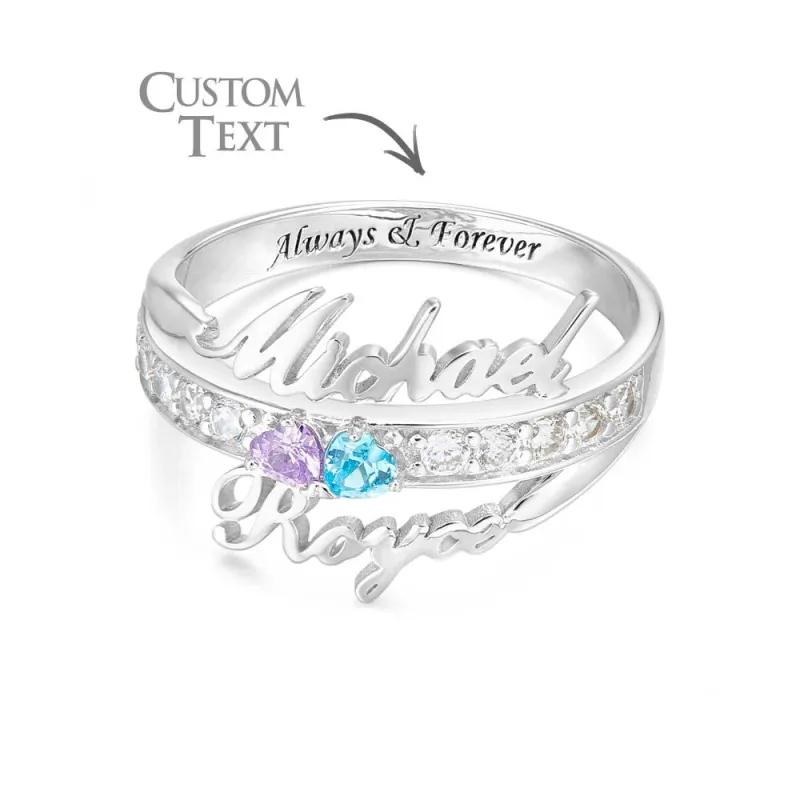 Custom Name and Text Double Heart Birthstone Promise Ring Anniversary Gift