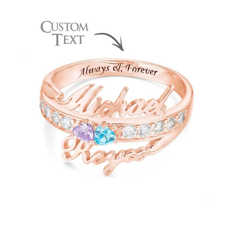 Custom Name and Text Double Heart Birthstone Promise Ring Anniversary Gift 5