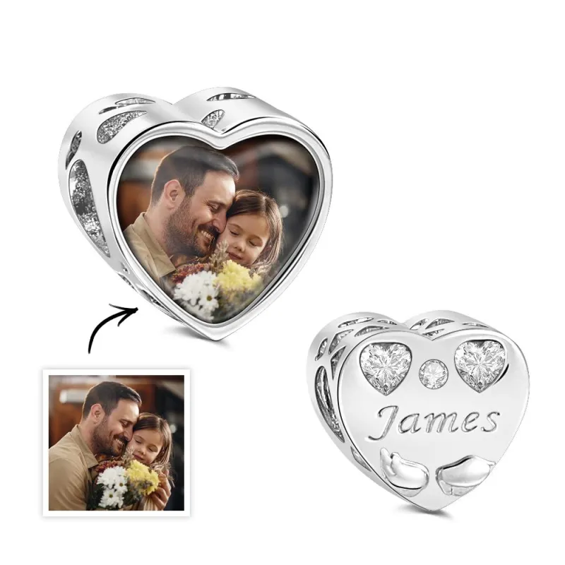 Custom Name Birthstone Heart Photo Charm Love Wings Heart Gift