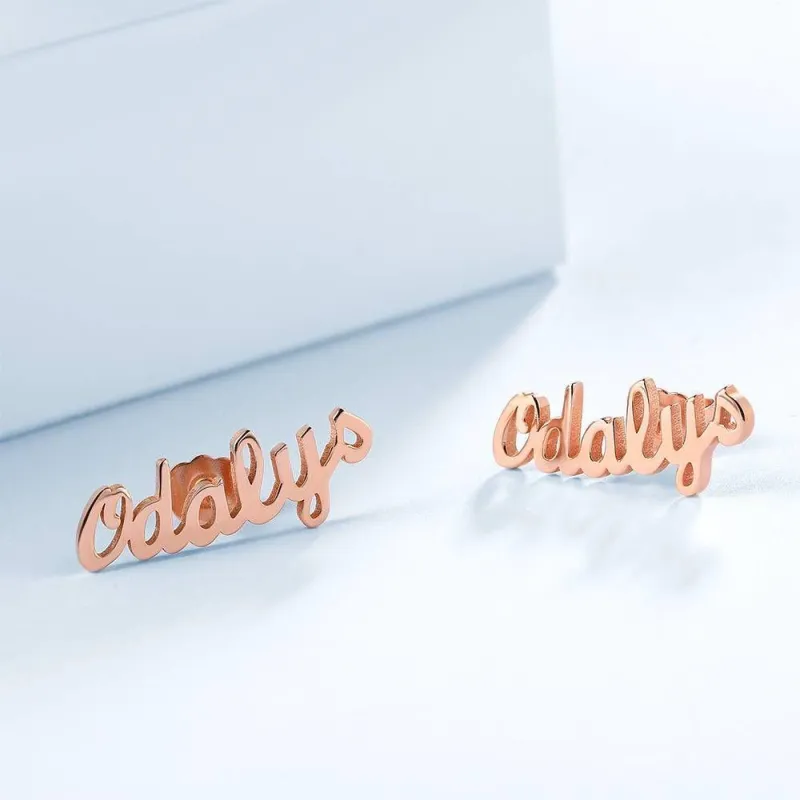 Custom Name Earrings, Name Studs Rose Gold Plated - Silver 4